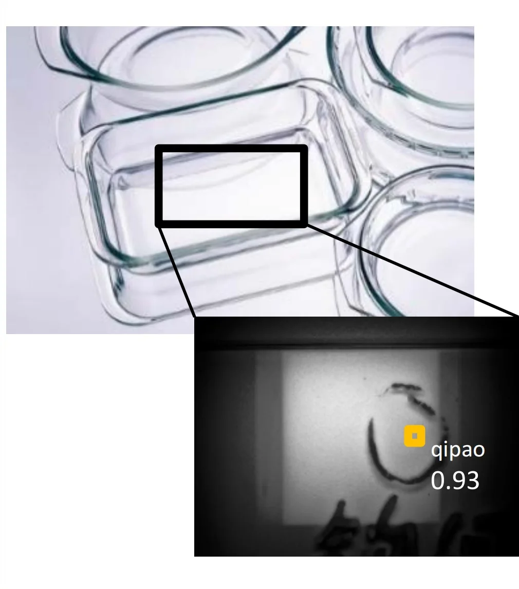 Glass dishes with an inset close-up of a detected bubble, confidence 0.93